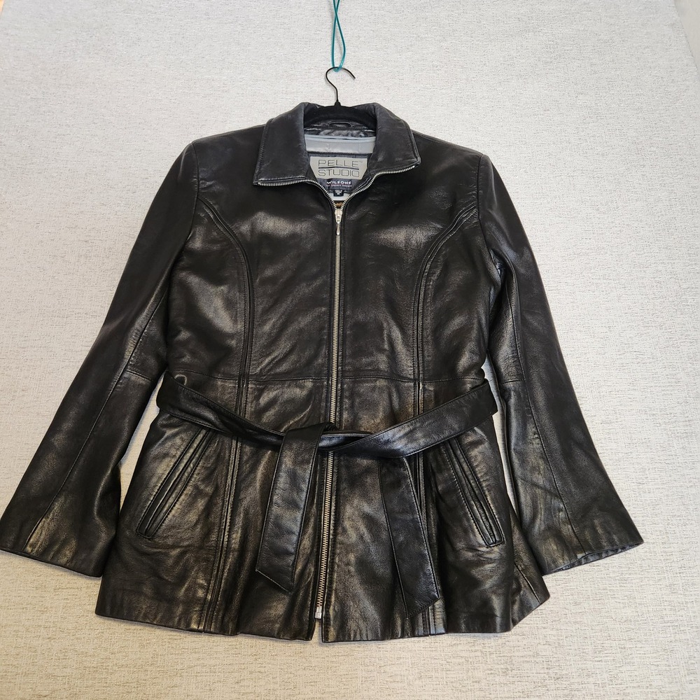 Pelle Studio Leather Jacket Womens Medium Black Belted Thinsulate Zip Trench